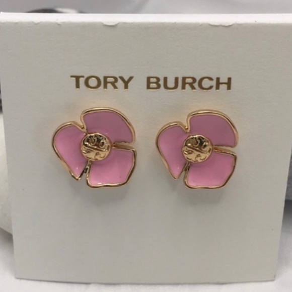Tory Burch Jewelry - New Authentic Pink and Gold Enamel TB Flower Earrings - only 1 available!!